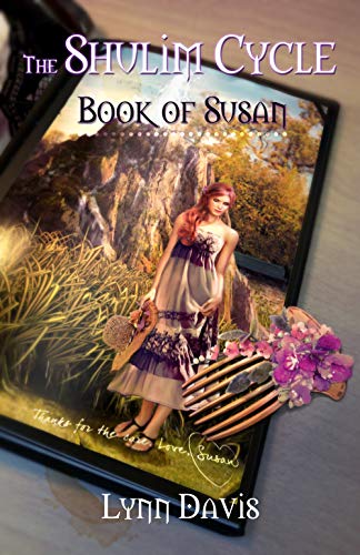 Cover art for The Shulim Cycle Book of Susan by Lynn Davis. Features a photo album with the photo of a woman with strawberry blonde hair wearing a floral sundress standing in front of the fountain in Baden Baden Germany. A floral hair comb is on top of the photo.