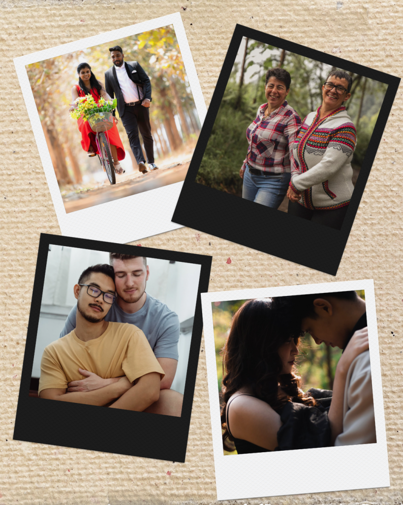 A scrapbook page showing four polaroid photos of couples, one showing a POC couple, one showing a lesbian couple, one a gay couple, and one a heterosexual couple.